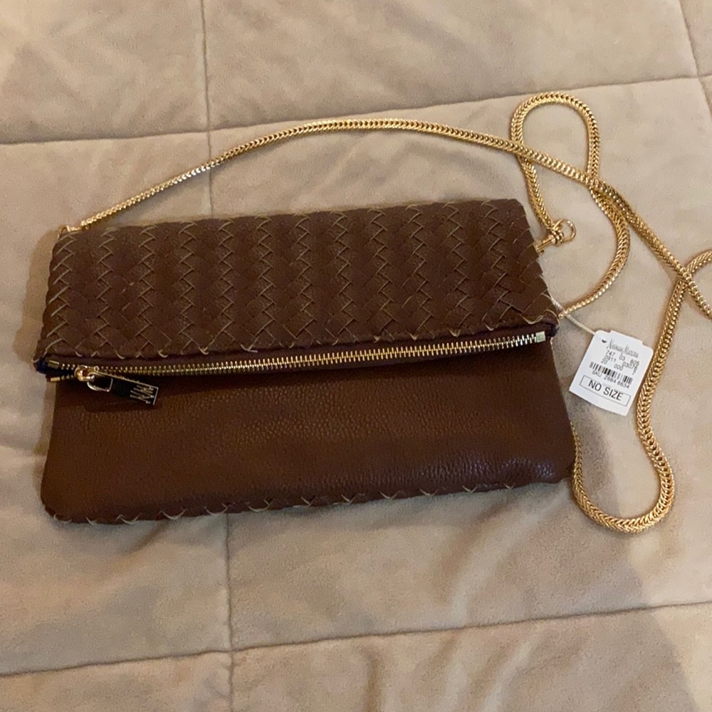 Neiman Marcus brown weave clutch with gold strap